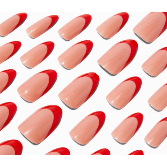 Claires Vegan Press On Almond Nails Red French Manicure Set - Picture 1 of 3
